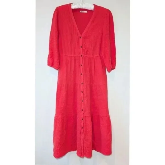 Marine Layer Willow Tiered Button-Up Midi Dress in Red SZ S - Picture 2 of 3